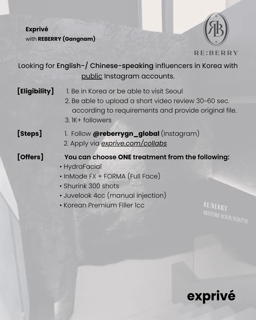 [REBERRY Gangnam] English- & Chinese-speaking Influencers